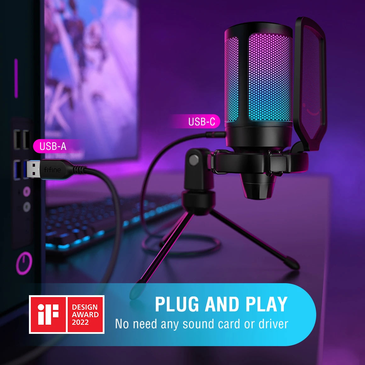 FIFINE Ampligame USB Gaming Microphone With Pop Filter Shock Mount Gain Control