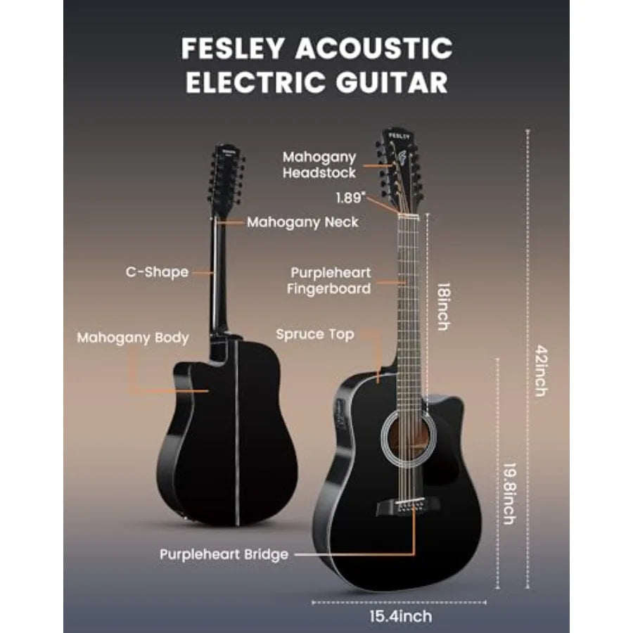 12 String Guitar 42 Full Size Acoustic Electric Guitar for Beginners Adults Spruce Top Cutaway Guitar Bundle with Gig Bag Picks