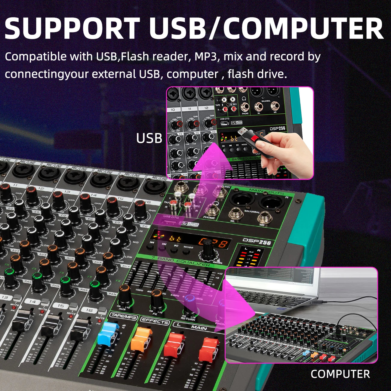 Depusheng MG16 16 Channel Audio Mixer USB Phantom Power 48V