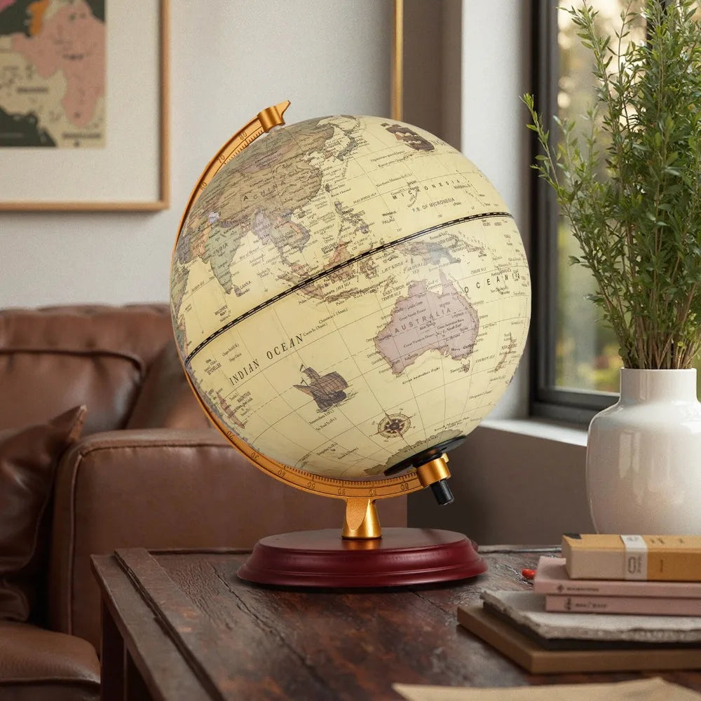 Illuminated World Globe LED Lamp On Wooden Stand HD Map