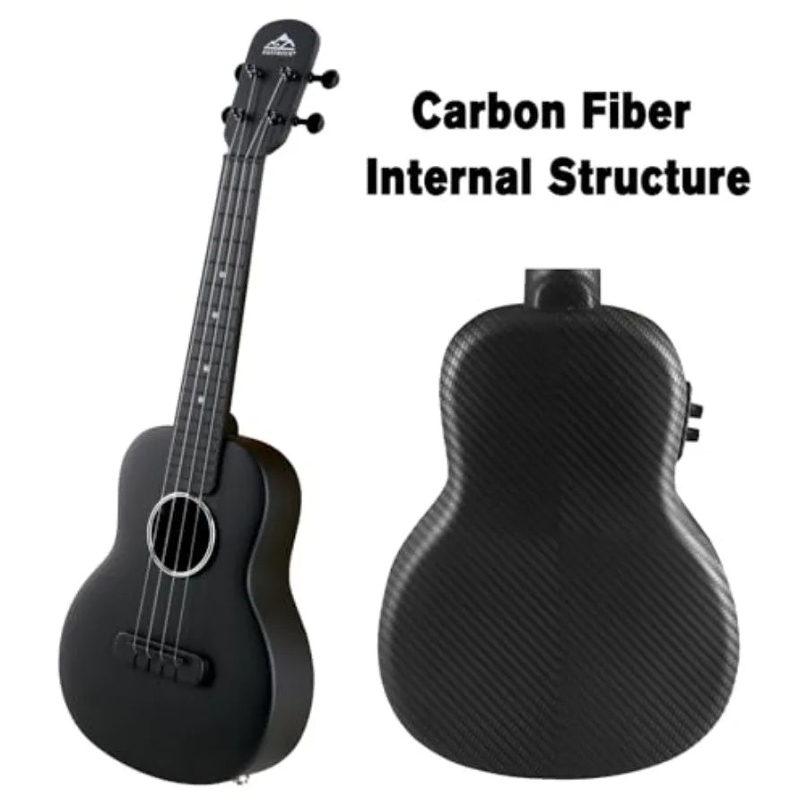 Electric Concert Ukulele Carbon Fiber 23 Inch Ukelele Kit for Adult Professional Beginner with Case Strap Capo Strings Black