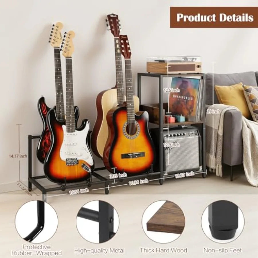 SHXI FourGuitar Floor Stand Two Wood Shelves Amp Holder