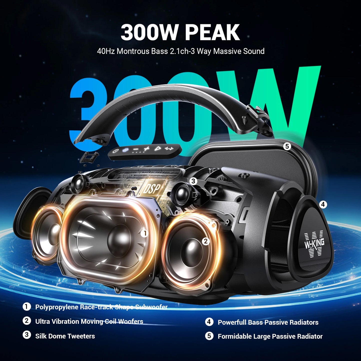 W-King D20 Portable Bluetooth Speaker 200W RMS IPX7 Waterproof