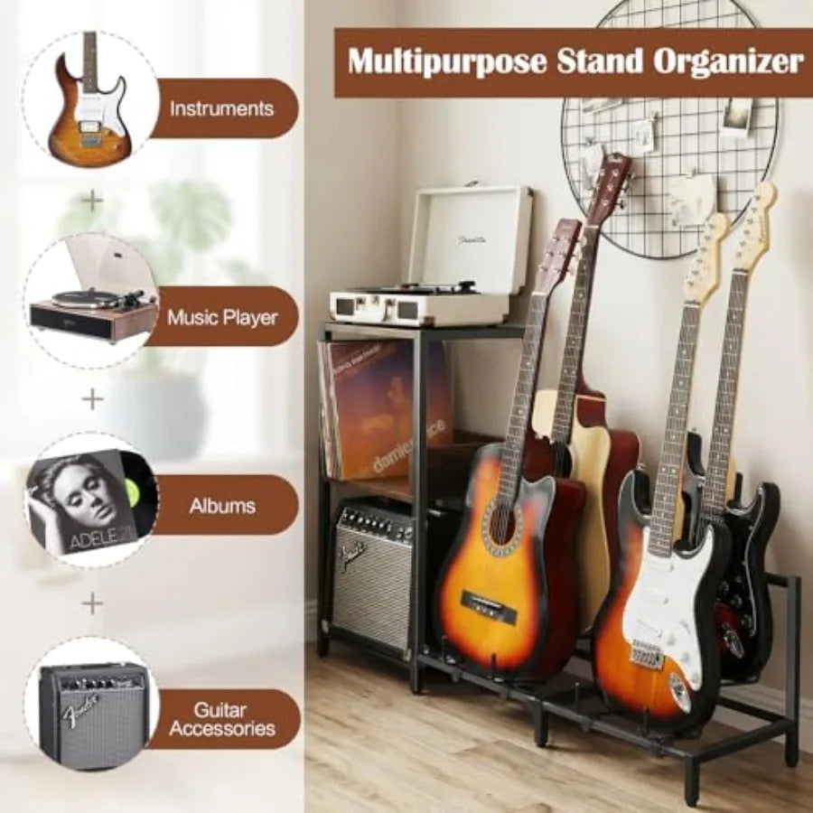 SHXI FourGuitar Floor Stand Two Wood Shelves Amp Holder