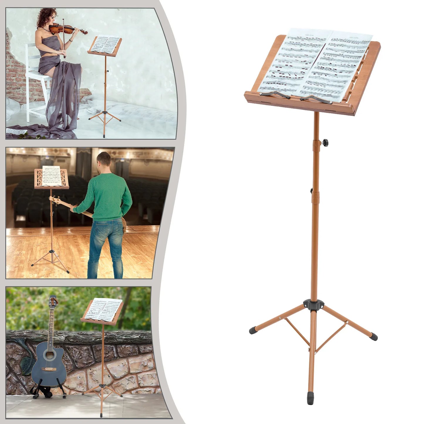 Adjustable Bamboo Music Stand with Tripod for Sheet Music