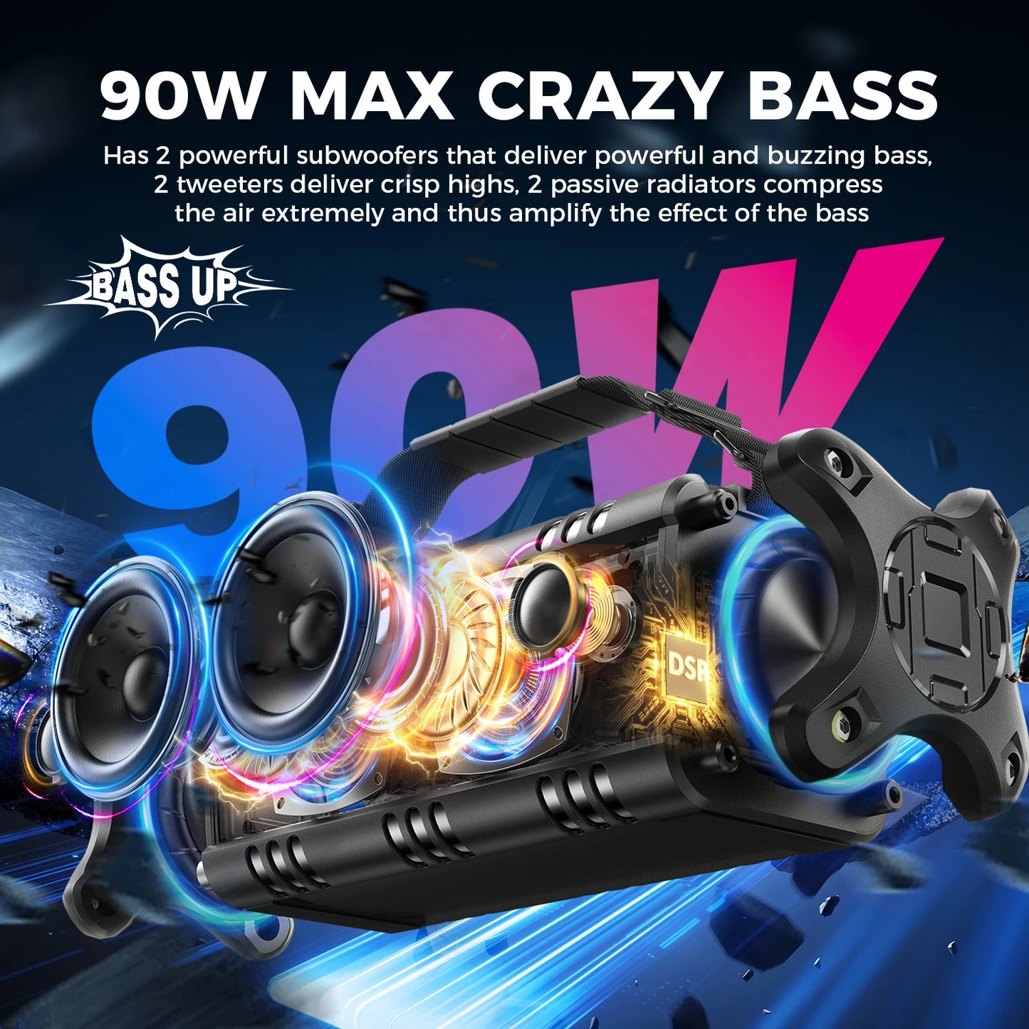 W-King Bluetooth Speaker 90W Peak 50W RMS IPX6 Waterproof Outdoor