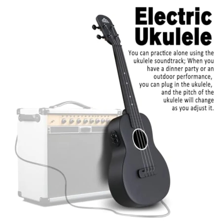Electric Concert Ukulele Carbon Fiber 23 Inch Ukelele Kit for Adult Professional Beginner with Case Strap Capo Strings Black