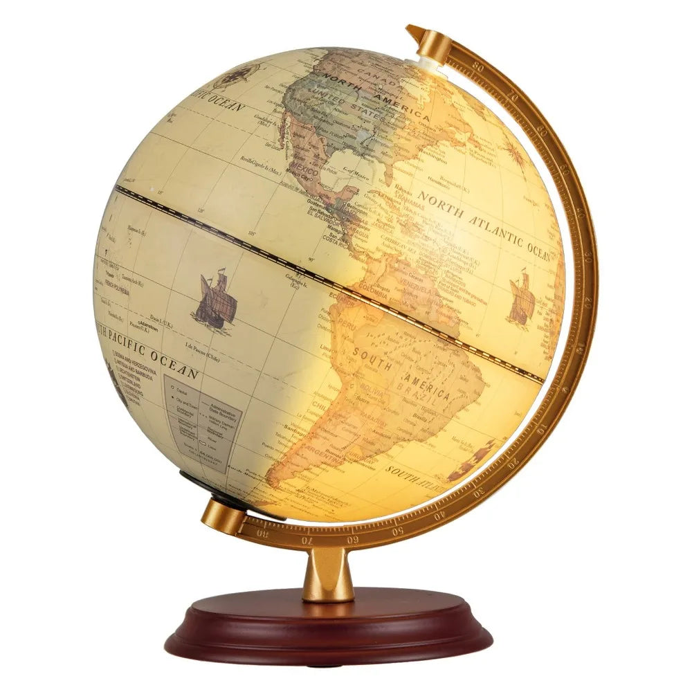Illuminated World Globe LED Lamp On Wooden Stand HD Map