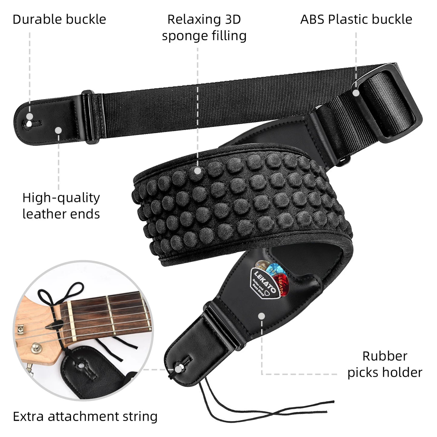 LEKATO 3D Sponge Guitar Strap LGS-1 Adjustable With 6 Picks