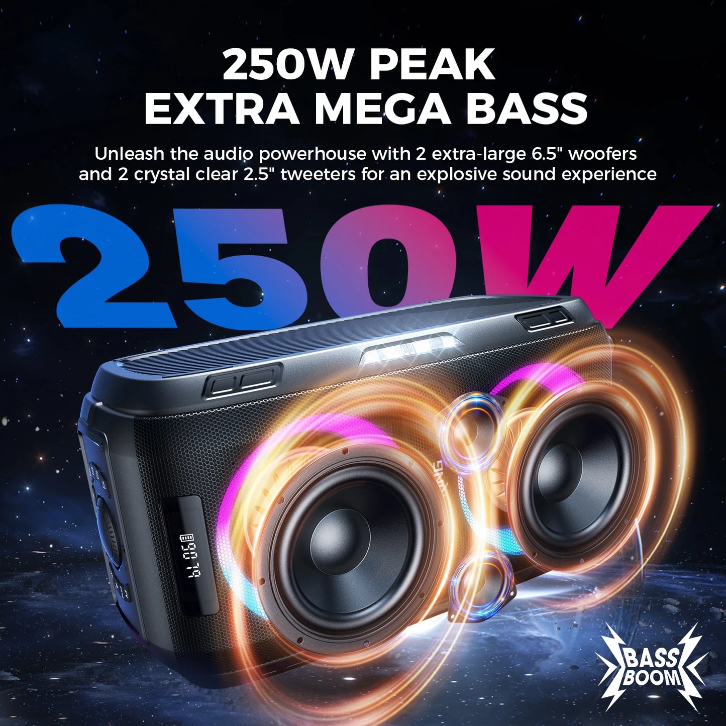 W-King 250W Peak Bluetooth Speaker Boombox 120dB With Bass