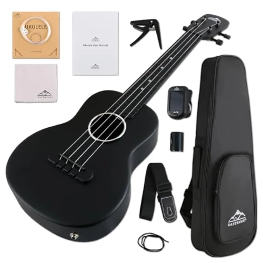 Electric Concert Ukulele Carbon Fiber 23 Inch Ukelele Kit for Adult Professional Beginner with Case Strap Capo Strings Black