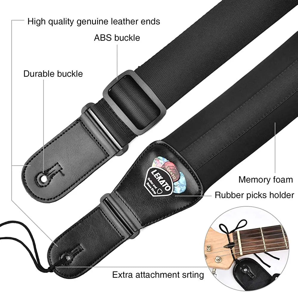LEKATO LGS2 Adjustable Bass Guitar Strap Cowhide For Electric Bass