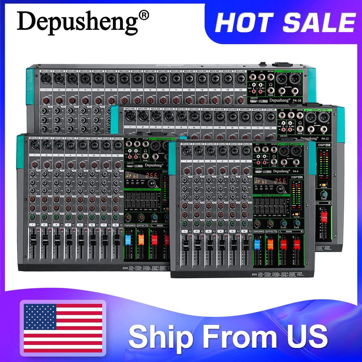 Depusheng MG16 16 Channel Audio Mixer USB Phantom Power 48V