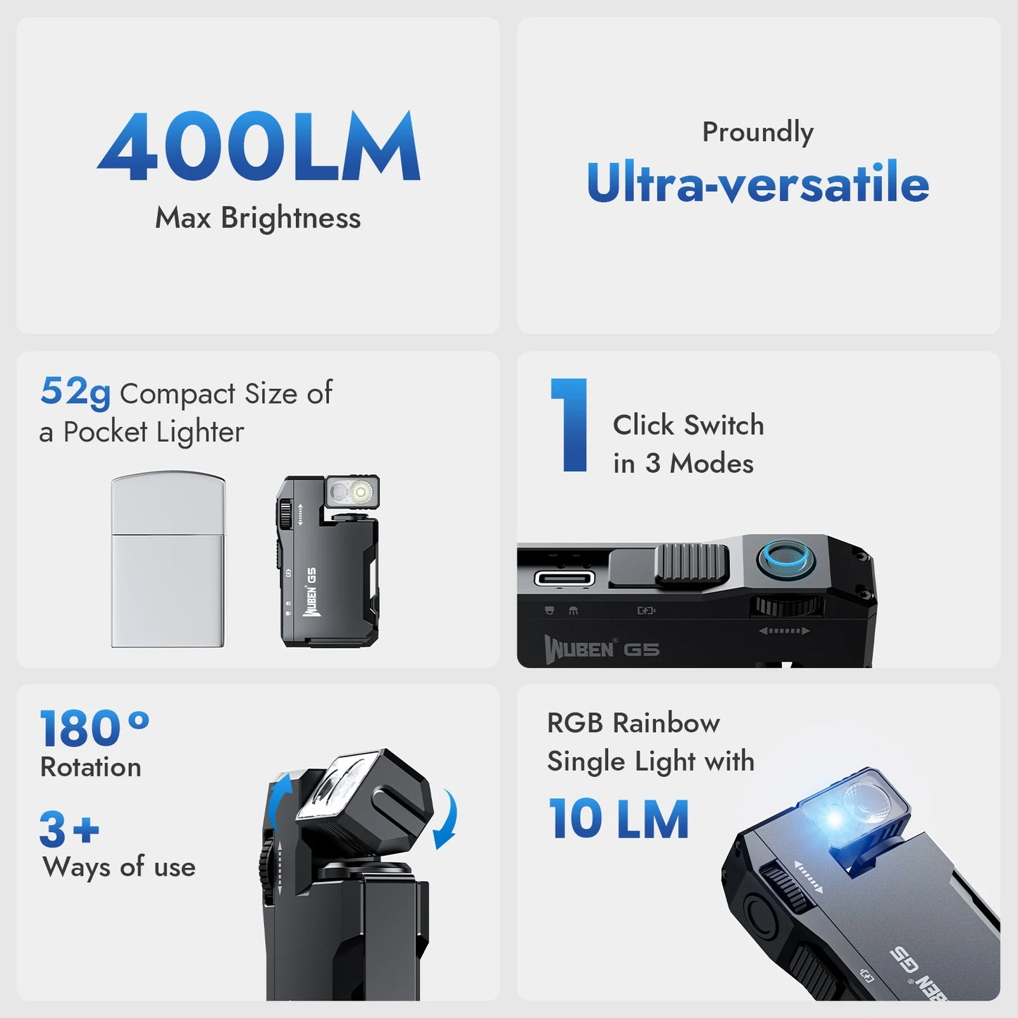 WUBEN G5 Rechargeable EDC Flashlight Rgb Dual Light 400 Lumens