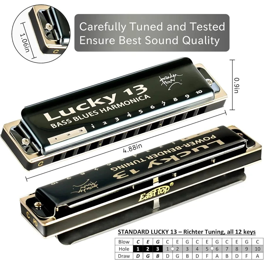 East top Lucky 13 Bass Plus Blues Harmonica 13 Holes Diatonic Harp Mouth Organ Professional Richter Harmonica in C Key for Adul