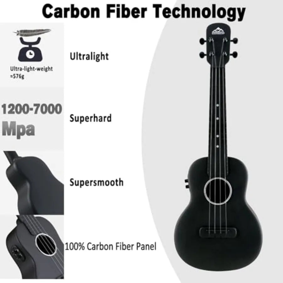 Electric Concert Ukulele Carbon Fiber 23 Inch Ukelele Kit for Adult Professional Beginner with Case Strap Capo Strings Black