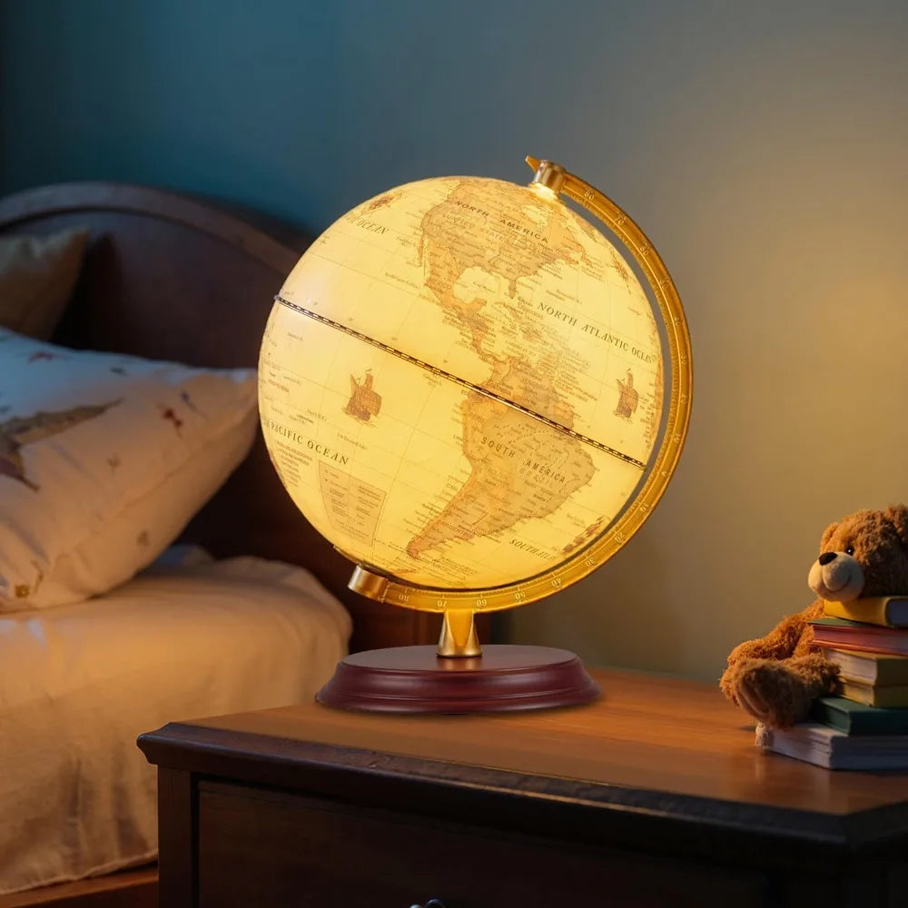 Illuminated World Globe LED Lamp On Wooden Stand HD Map