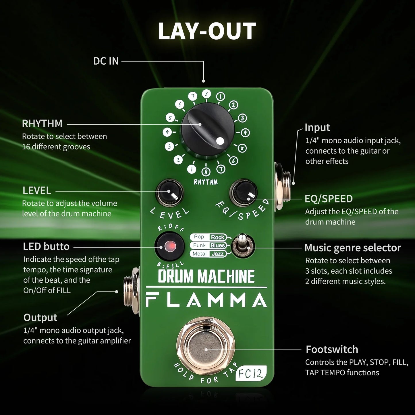 FLAMMA FC12 Guitar Drum Machine Effects Pedal With 48 Grooves