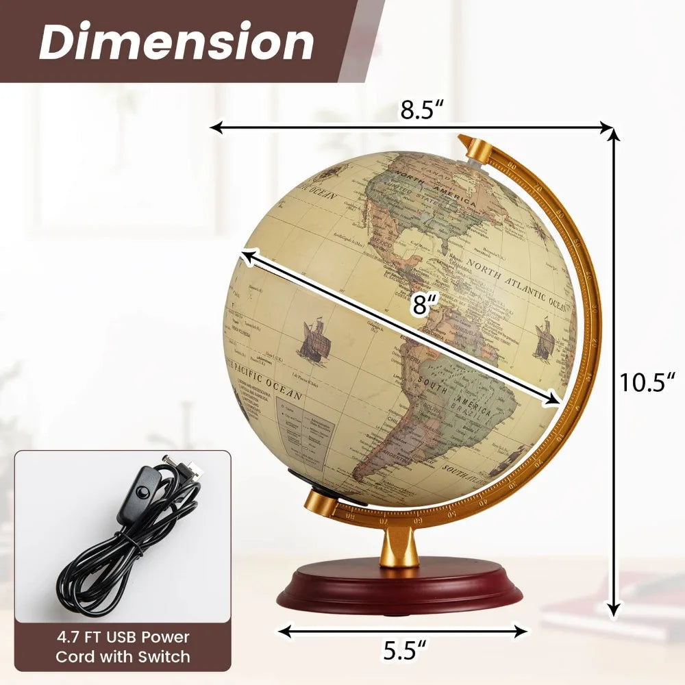 Illuminated World Globe LED Lamp On Wooden Stand HD Map