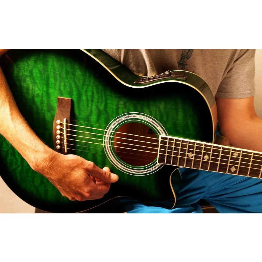 6 String AcousticElectric Guitar Right with Quilted Finish in Green for Live Performances and Studio Recording Enhanced Sound P