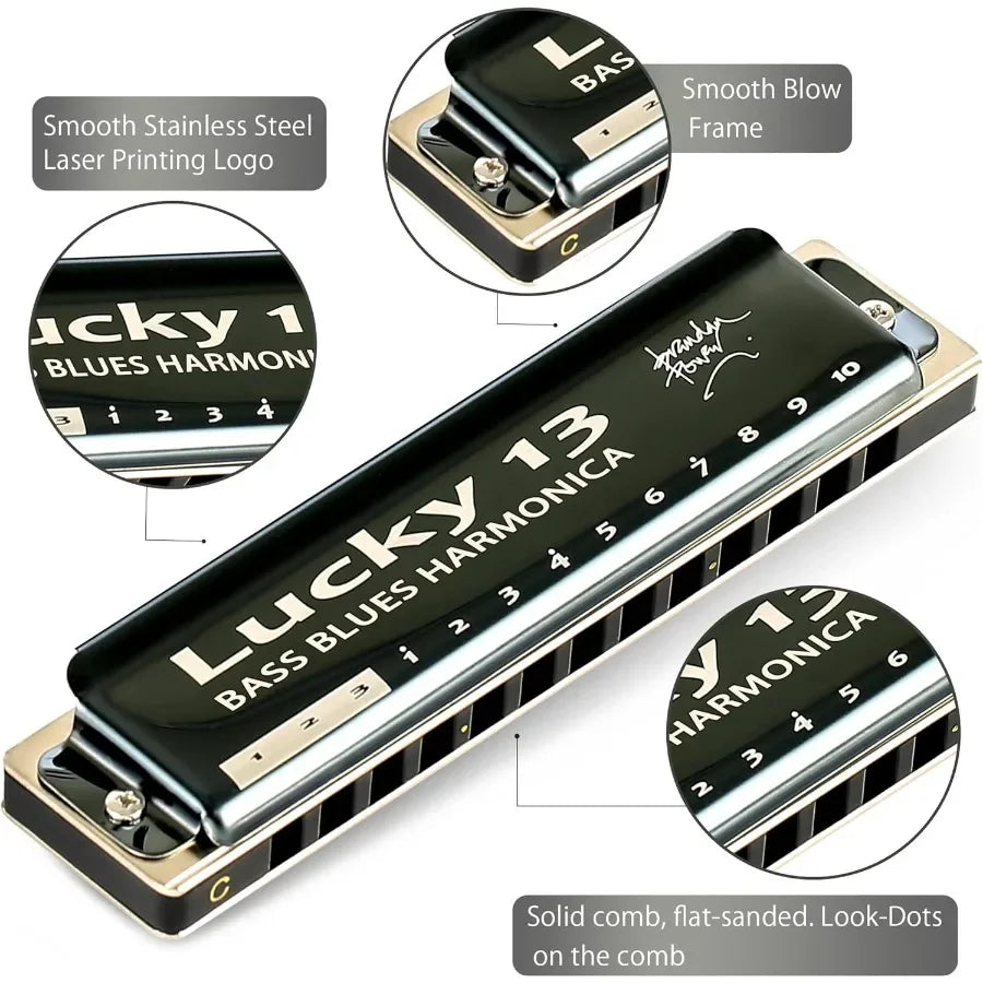 East top Lucky 13 Bass Plus Blues Harmonica 13 Holes Diatonic Harp Mouth Organ Professional Richter Harmonica in C Key for Adul